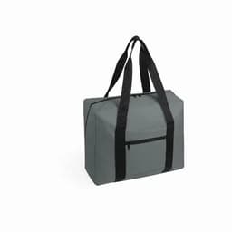 A grey tote bag with black handles and a front zipper pocket, featuring a logo on the side.