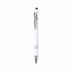 A pen in white with a chrome finish and a clip, featuring a glossy barrel design and a black tip.
