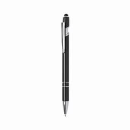 A black pen with a chrome clip and detailing, featuring a shiny finish and a ballpoint tip.