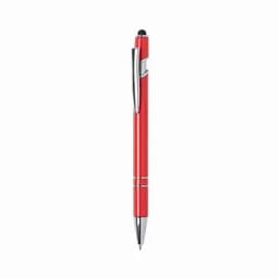 A red pen with a shiny silver clip and detailing, featuring a push-button mechanism.