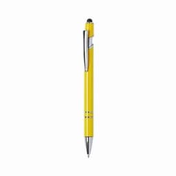 A yellow pen with a shiny silver clip and a black tip, featuring a sleek design and a logo.