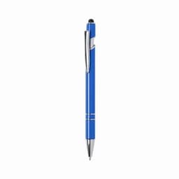 A blue pen with a silver clip and accents, featuring a sleek design and a branding logo.