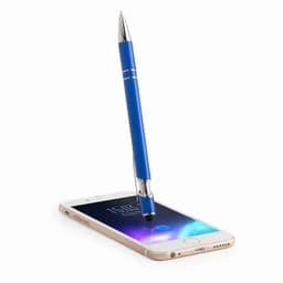 A blue pen balanced upright on a smartphone screen, featuring a shiny silver tip and accents. The phone has a blank display.
