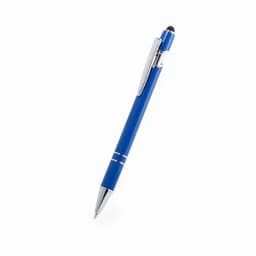 A blue pen with a silver clip and tip, featuring a stylus on the end. It has a sleek design and a shiny finish.