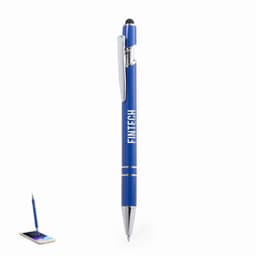 A blue pen with a shiny silver clip and tip, featuring a stylus on the opposite end. It has a logo on the barrel.
