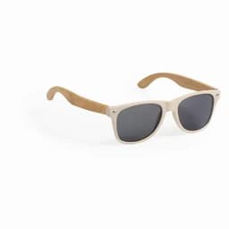 A pair of sunglasses featuring light-coloured frames and wooden arms with dark grey lenses.