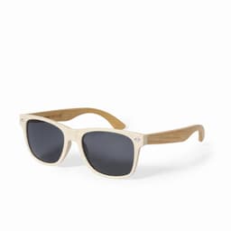 A pair of sunglasses with a light wood frame and dark lenses, featuring a logo on the side.