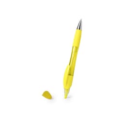 A yellow pen with a clear barrel and a removable cap, featuring a textured grip and a silver clip.