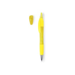 A yellow pen with a clear barrel and a matching cap, featuring a click mechanism and a silver nib.
