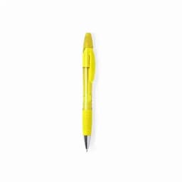 A yellow pen with a transparent barrel and a textured grip, featuring a clip for convenience.