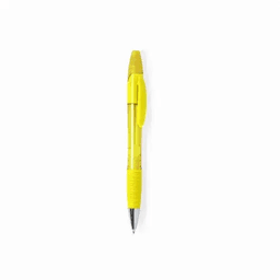 A yellow ballpoint pen with a clear barrel and a textured grip, featuring a click mechanism at the top.