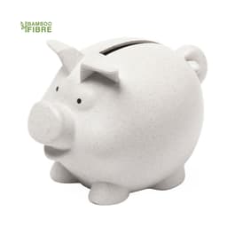 A piggy bank in white, featuring a simple design with a slot for coins and a small tail. It has a branding logo.