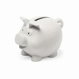 A piggy bank in white, featuring a slot for coins and small details for eyes and ears.