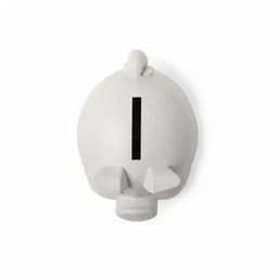 A decorative piggy bank in a light grey colour, featuring a minimalist design with a vertical black stripe.