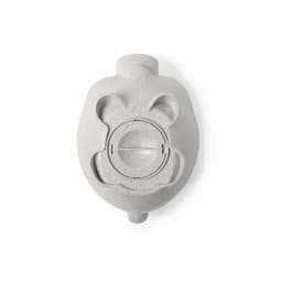 A drink bottle in a light grey colour with a round cap and a rounded shape. It features a logo on the side.