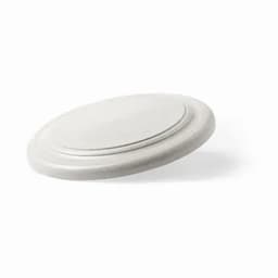 A disc-shaped product in a light grey colour, featuring a simple design and a slight curve at the edges.