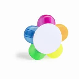 A colourful flower-shaped toy with pink, blue, orange, green, and yellow sections. It features a white central part.