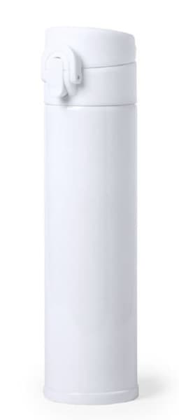 A drink bottle in a sleek white design with a secure lid and a branded logo.