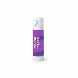 A drink bottle in white, featuring a vibrant purple and pink design with a logo on its surface.