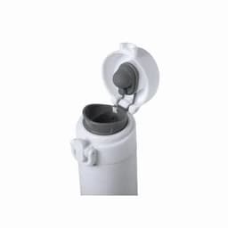A drink bottle in white with a grey cap and a flip-top opening, featuring a logo on the side.