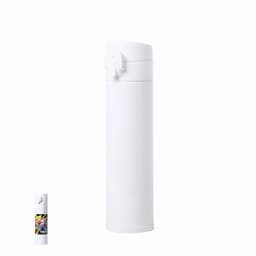 A drink bottle in white with a vibrant, decorative design on one side and a flip-top lid.