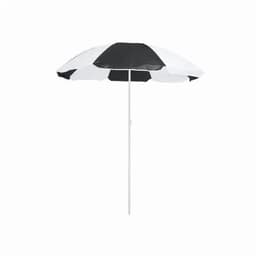 A beach umbrella featuring a black and white striped canopy with a white pole.