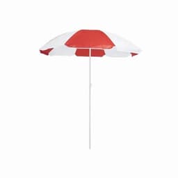 A beach umbrella featuring alternating red and white panels with a white pole. It has a classic striped design.