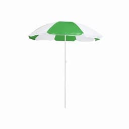 A beach umbrella with alternating green and white panels and a white pole.