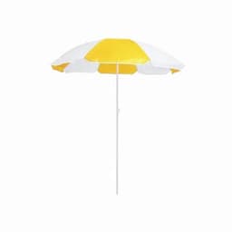 A beach umbrella featuring a yellow and white canopy with a sturdy central pole.