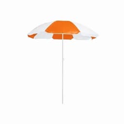 A beach umbrella with orange and white stripes, supported by a white pole, offering shade.