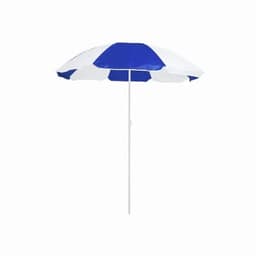 A beach umbrella with blue and white panels, featuring a central pole for stability.