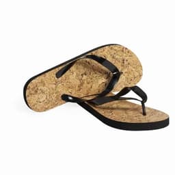 A pair of flip-flops with a cork sole and black straps, featuring a simple design.