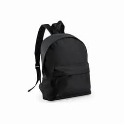 A backpack in solid black with adjustable straps and a front pocket for storage. Features a logo on the front.