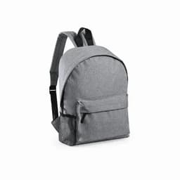 A grey backpack with a large main compartment and a side mesh pocket. Features thick shoulder straps for comfort.