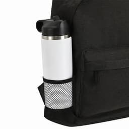 A black backpack featuring a side mesh pocket holding a white drink bottle with a black lid.