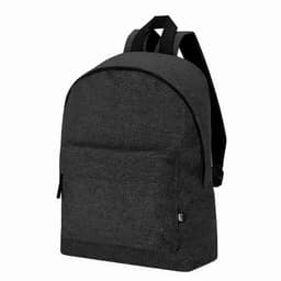 A black backpack with adjustable straps and a front pocket, featuring a logo on the side.