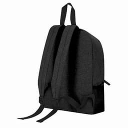 A black backpack with two adjustable straps and a spacious main compartment. It features a simple design and a logo.