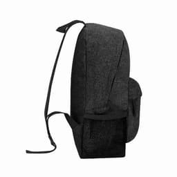 A dark grey backpack with adjustable straps, featuring a side mesh pocket and a sleek design.