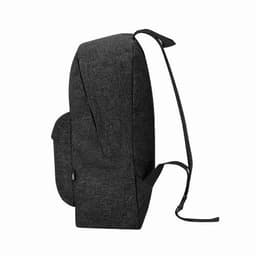 A black backpack with a sleek design and adjustable straps, featuring a side pocket and logo branding.