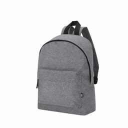 A grey backpack with padded straps and a front pocket, featuring a logo on the side.