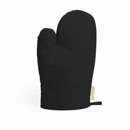 A black oven mitt with a textured surface and a tag, featuring a thumb for added grip.