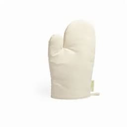 A cream-coloured oven mitt featuring a quilted design and a label tag.