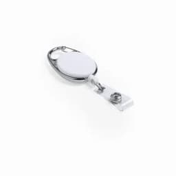 A retractable badge holder with a circular white body and a metal clip for attachment.