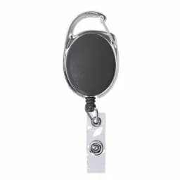 A retractable badge reel with a black circular holder and a silver clip, featuring a clear strap for securing badges.
