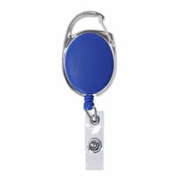 A blue badge reel with a silver clip and a clear retractable cord.