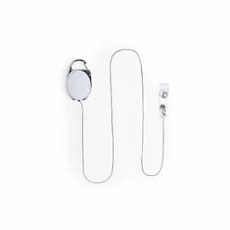 A silver badge reel with a retractable cord, featuring a clip for attachment and a round casing.