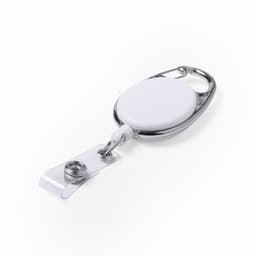 A retractable badge holder in white with a chrome finish, featuring a clear strap for easy attachment.