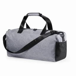 A grey duffle bag with a padded shoulder strap and mesh side pocket. Designed for convenience and style.