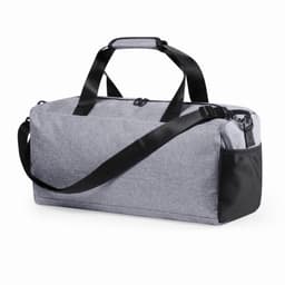 A grey duffel bag with black accents and adjustable shoulder strap, featuring a side mesh pocket.