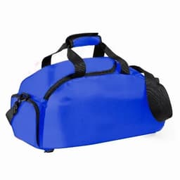 A blue duffle bag with black straps and a zipper compartment. It features a logo on the side.